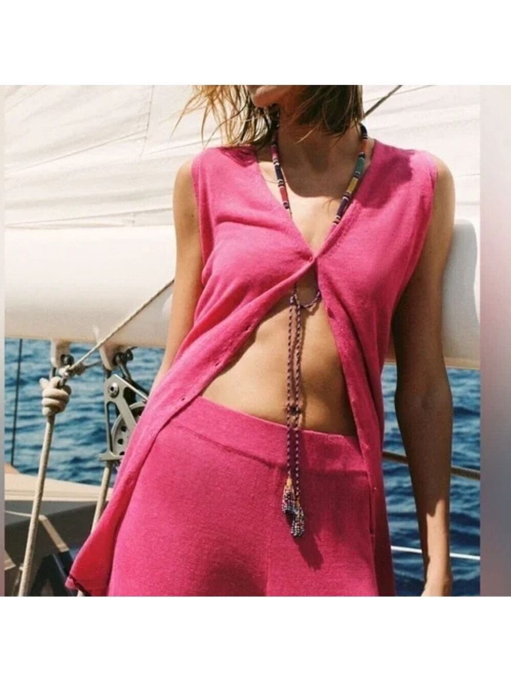 ZARA Hot Pink Linen Blend Longline Vest Cardigan Sz S Indie Sleaze Barbiecore